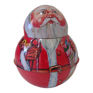Vintage Santa Claus Storage Tin Christmas Decor Container Holiday Decorations